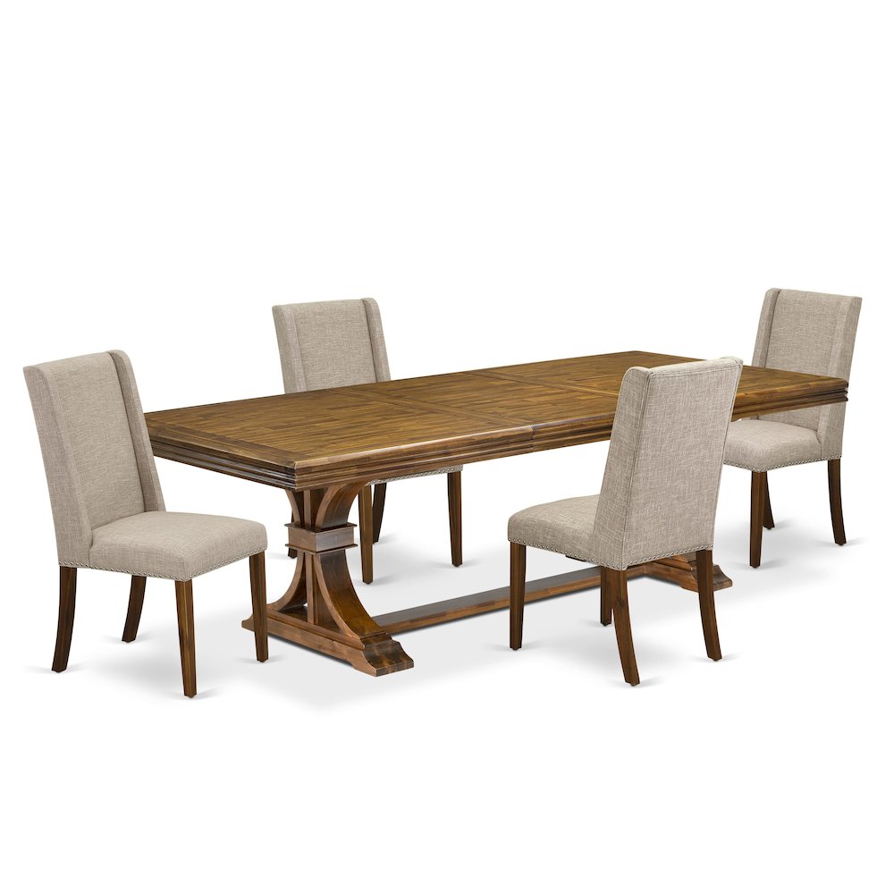 5 piece dining room set of a wooden table and 4 Linen Fabric upholstered chairs