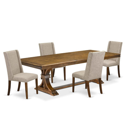 5 piece dining room set of a wooden table and 4 Linen Fabric upholstered chairs