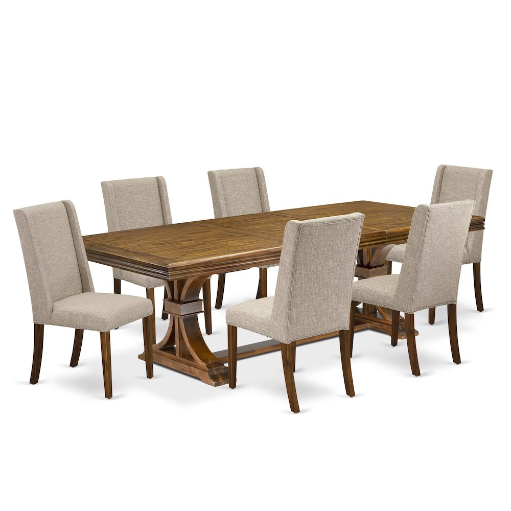 7 piece dining table set a rectangular table and 6 Linen Fabric kitchen chairs