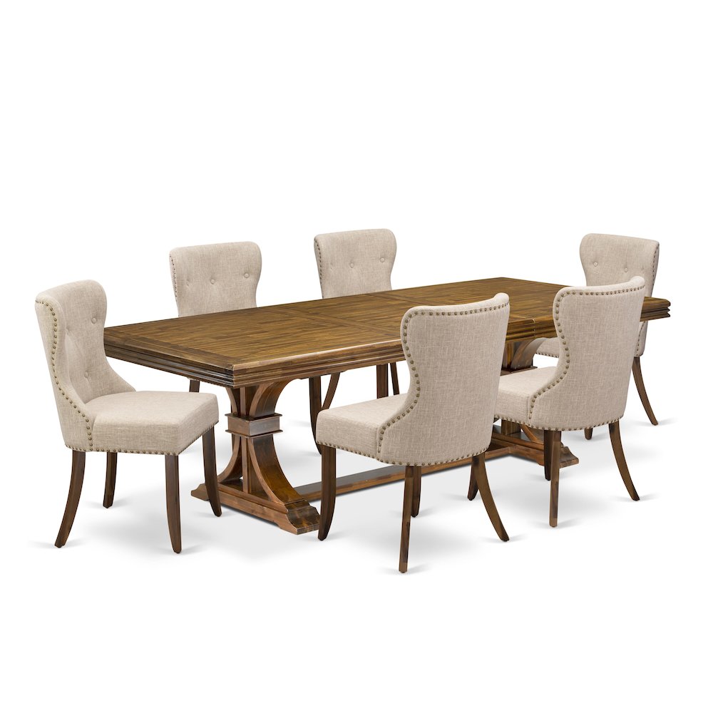 7 piece Dining Room Table Set of a Modern Table and 6 Linen Fabric Dining Chairs