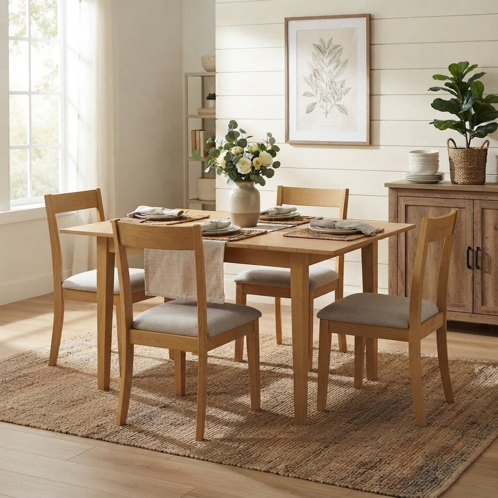 Solid Wood Rectangular Extendable Dining Table with Butterfly Leaf, Oak