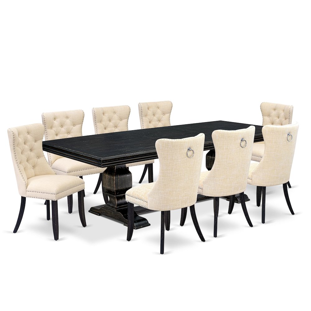 9 piece dining set consists of a wooden table and 8 Linen Fabric dining chairs
