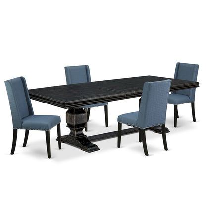 5 piece dining set of a wooden table and 4 Linen Fabric kitchen chairs