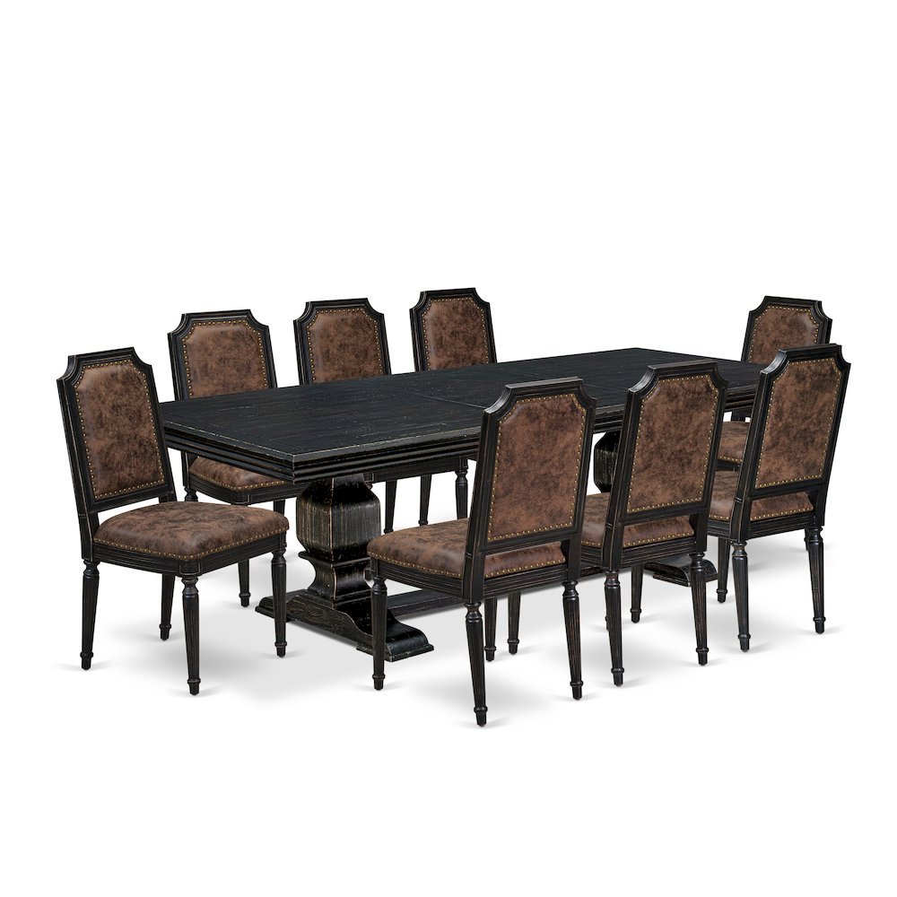 Solid Wood Kitchen Table with High-Back 9 Piece Set, Brown Textured