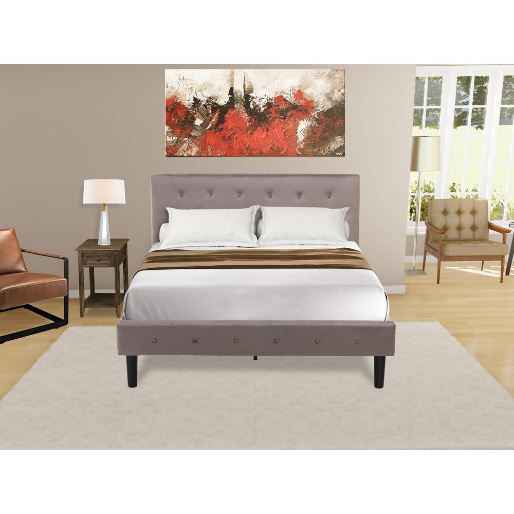 NL14F-1DE07 2 Pc Bed Set - 1 Bed Brown Taupe Velvet Fabric Headboard and 1 Nightstand - Distressed Jacobean Finish Nightstand