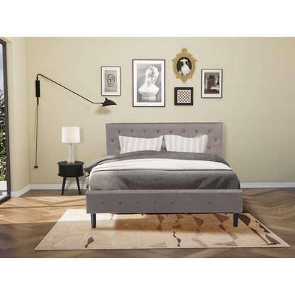 NL14K-1GO11 2 Piece Bed Set - 1 Wooden Bed Brown Taupe Velvet Fabric Headboard and 1 Small Nightstand - Black Finish Nightstand