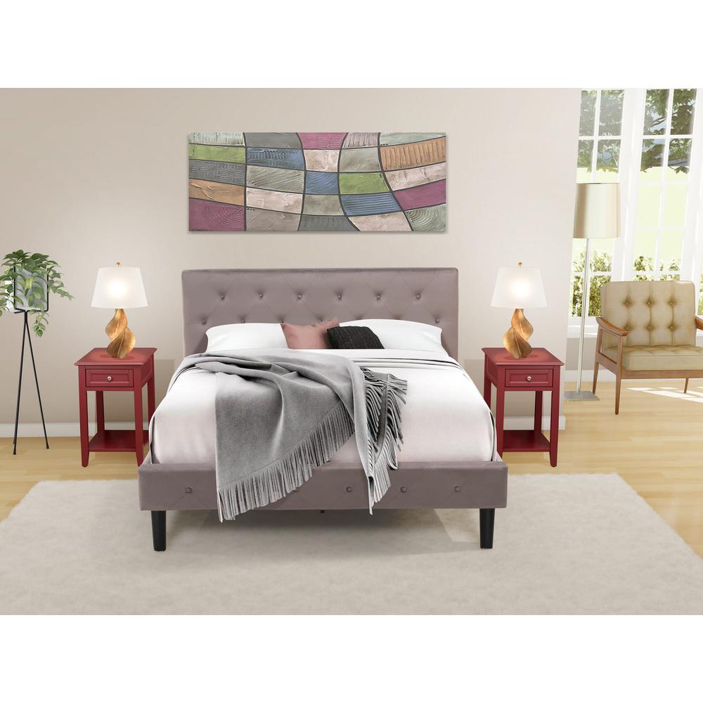 NL14Q-2DE13 3 Pc Queen Bedroom Set - 1 Wood Bed Brown Taupe Velvet Fabric Headboard and 2 nightstands - Burgundy Finish Nightstand