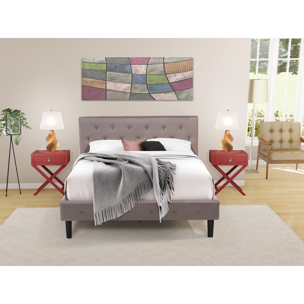 NL14Q-2HA13 3 Pc Bedroom Set - 1 Queen Bed Brown Taupe Velvet Fabric Headboard and 2 Night Stands - Burgundy Finish Nightstand