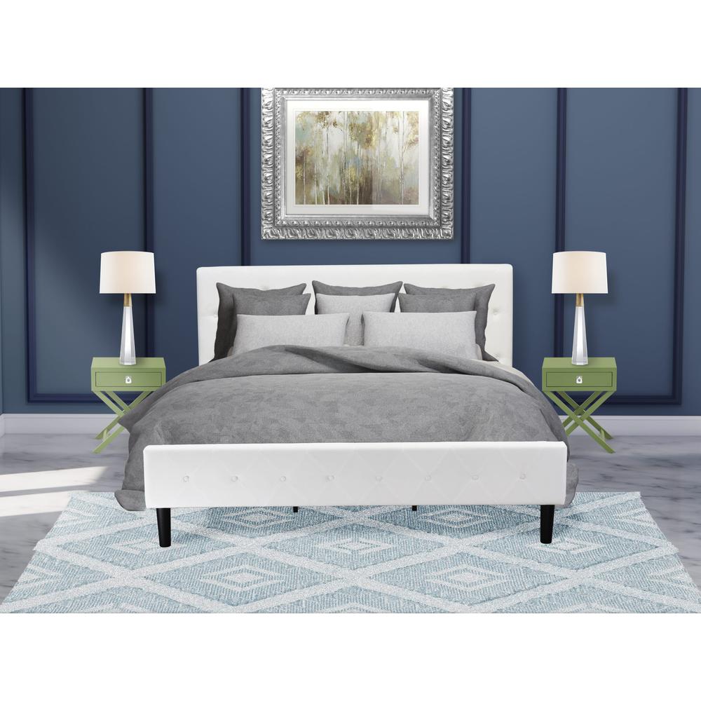 NL19K-2HA12 3 Pc Bed Set - 1 King Size Bed White Velvet Fabric Headboard and 2 Modern Nightstands - Clover Green Finish Nightstand
