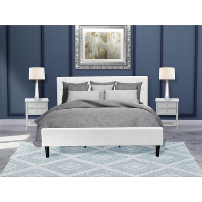 NL19K-2VL14 3 Piece King Bedroom Set - 1 Wood Bed White Velvet Fabric Headboard and 2 Night Stands - Urban Gray Finish Nightstand