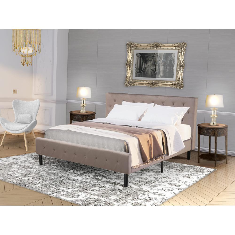 NLF-14-K Nolan Platform Bed Frame-Button Tufted Brown Taupe Velvet Fabric Upholstered Headboard & Footboard, Black Legs, King Size