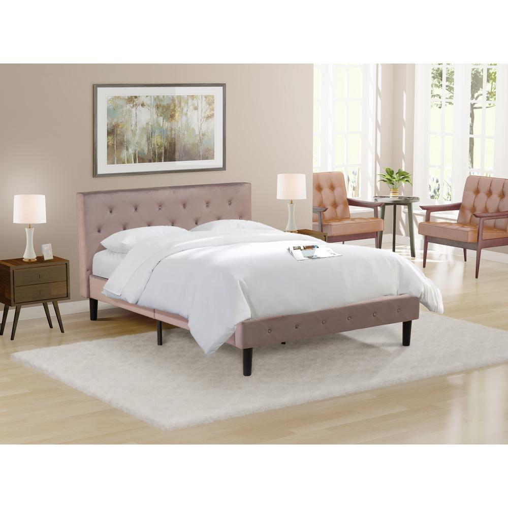 NLF-14-Q Nolan Platform Bed Frame-Button Tufted Brown Taupe Velvet Fabric Upholstery Headboard & Footboard, Black Legs, Queen Size