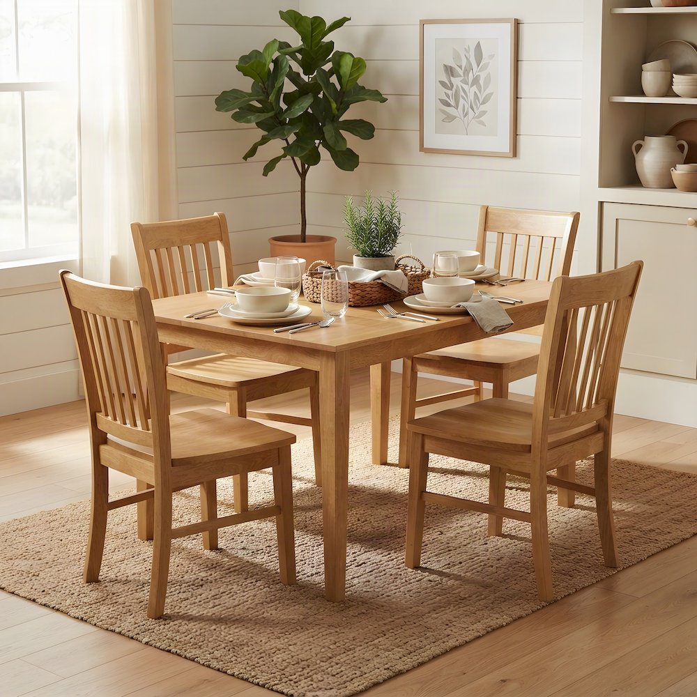 Solid Wood Kitchen Table with Extendable Leaf and 4 Chairs, 5 Piece Set, Oak