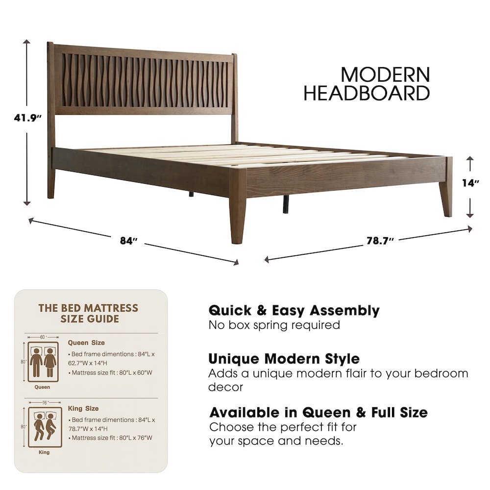 King Wooden Platform Bed Frame, Barnwood Finish, Morden Style