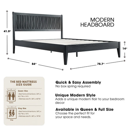 King Wooden Platform Bed Frame, Ebony Oak Finish, Morden Style