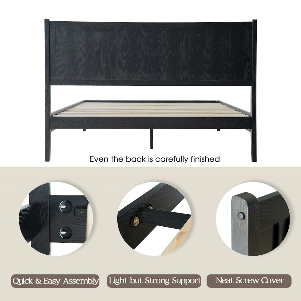 King Wooden Platform Bed Frame, Ebony Oak Finish, Morden Style
