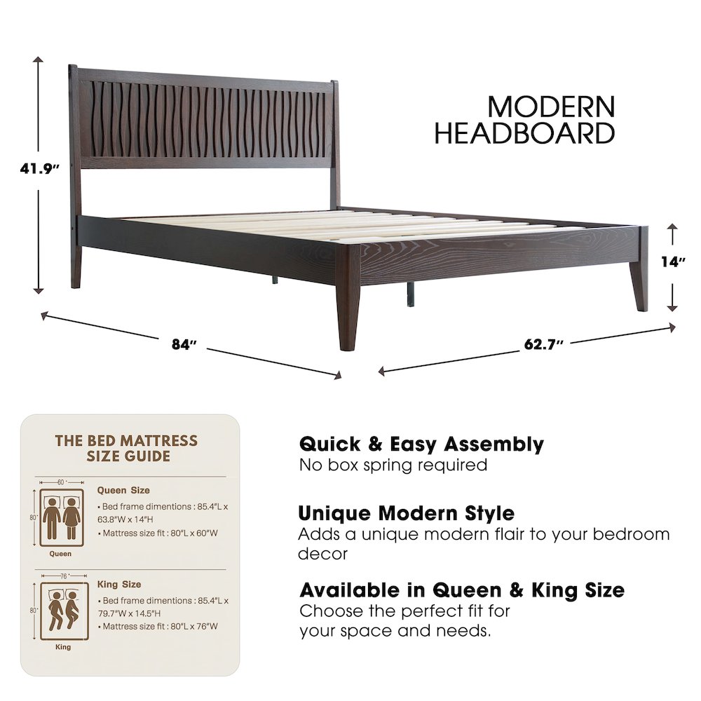 Queen Wooden Platform Bed Frame, Dark Roast Oak Finish, Morden Style