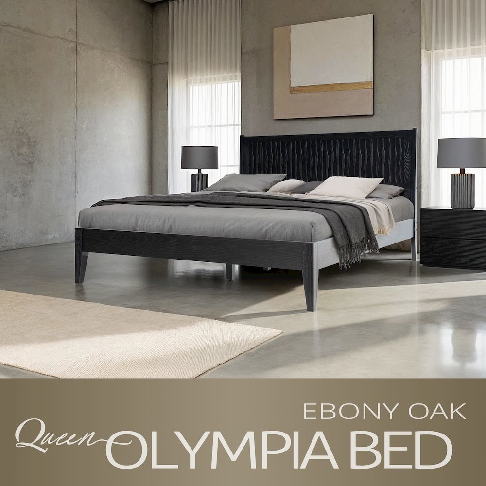 Queen Wooden Platform Bed Frame, Ebony Oak Finish, Morden Style