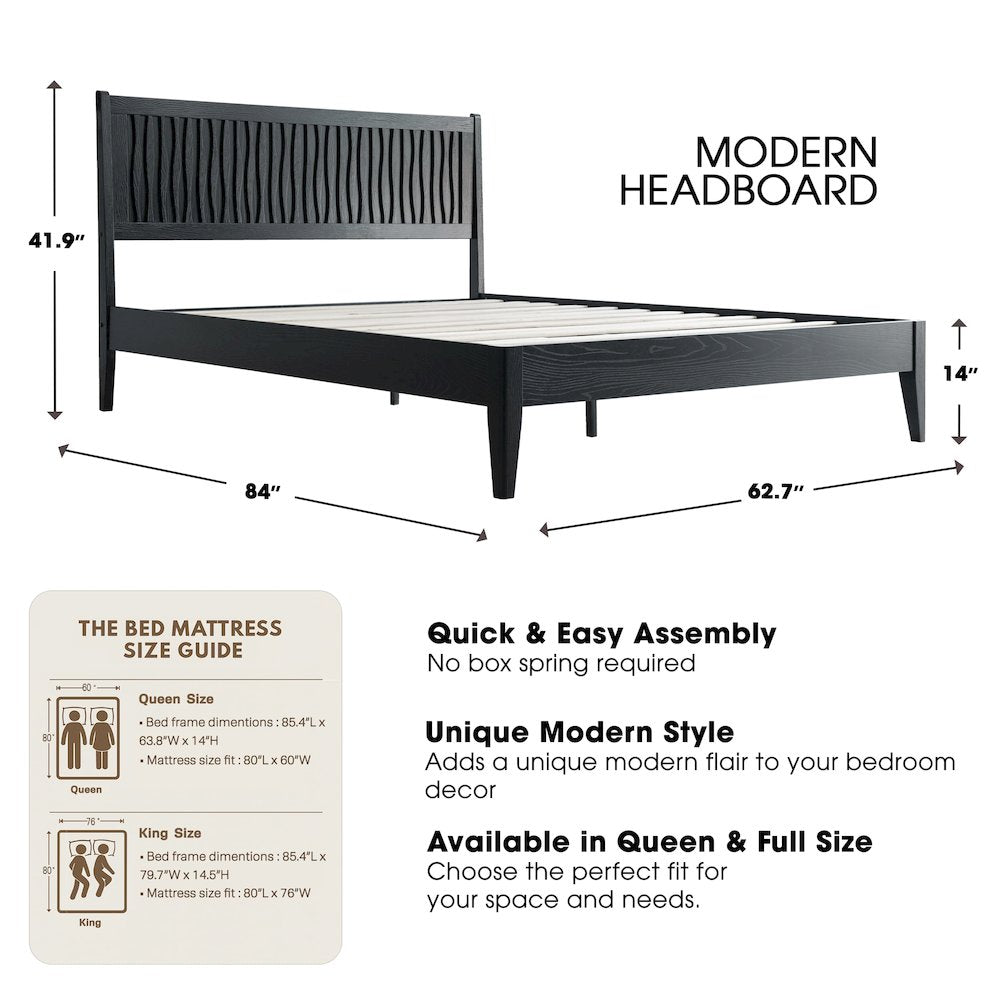 Queen Wooden Platform Bed Frame, Ebony Oak Finish, Morden Style