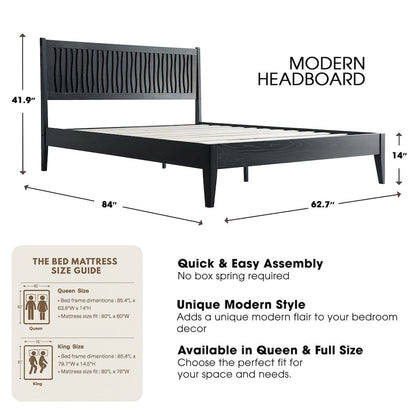 Queen Wooden Platform Bed Frame, Ebony Oak Finish, Morden Style