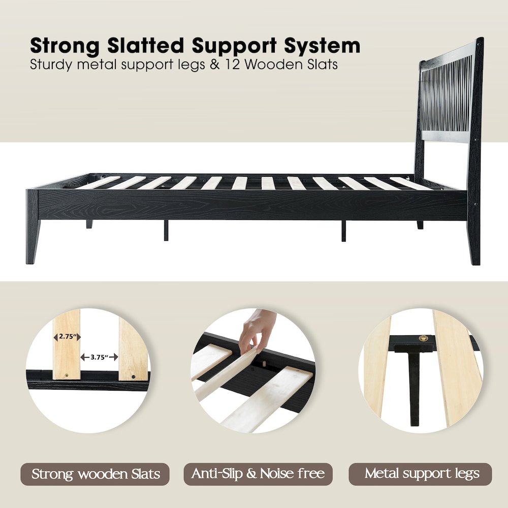 Queen Wooden Platform Bed Frame, Ebony Oak Finish, Morden Style