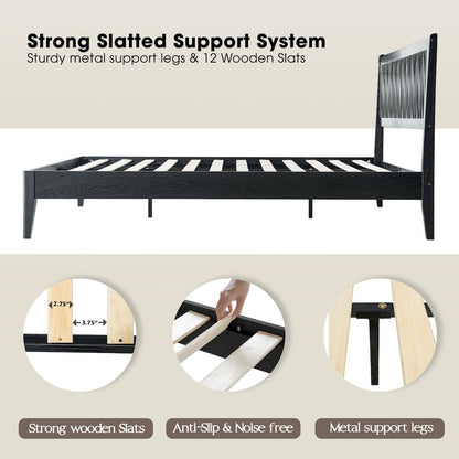 Queen Wooden Platform Bed Frame, Ebony Oak Finish, Morden Style