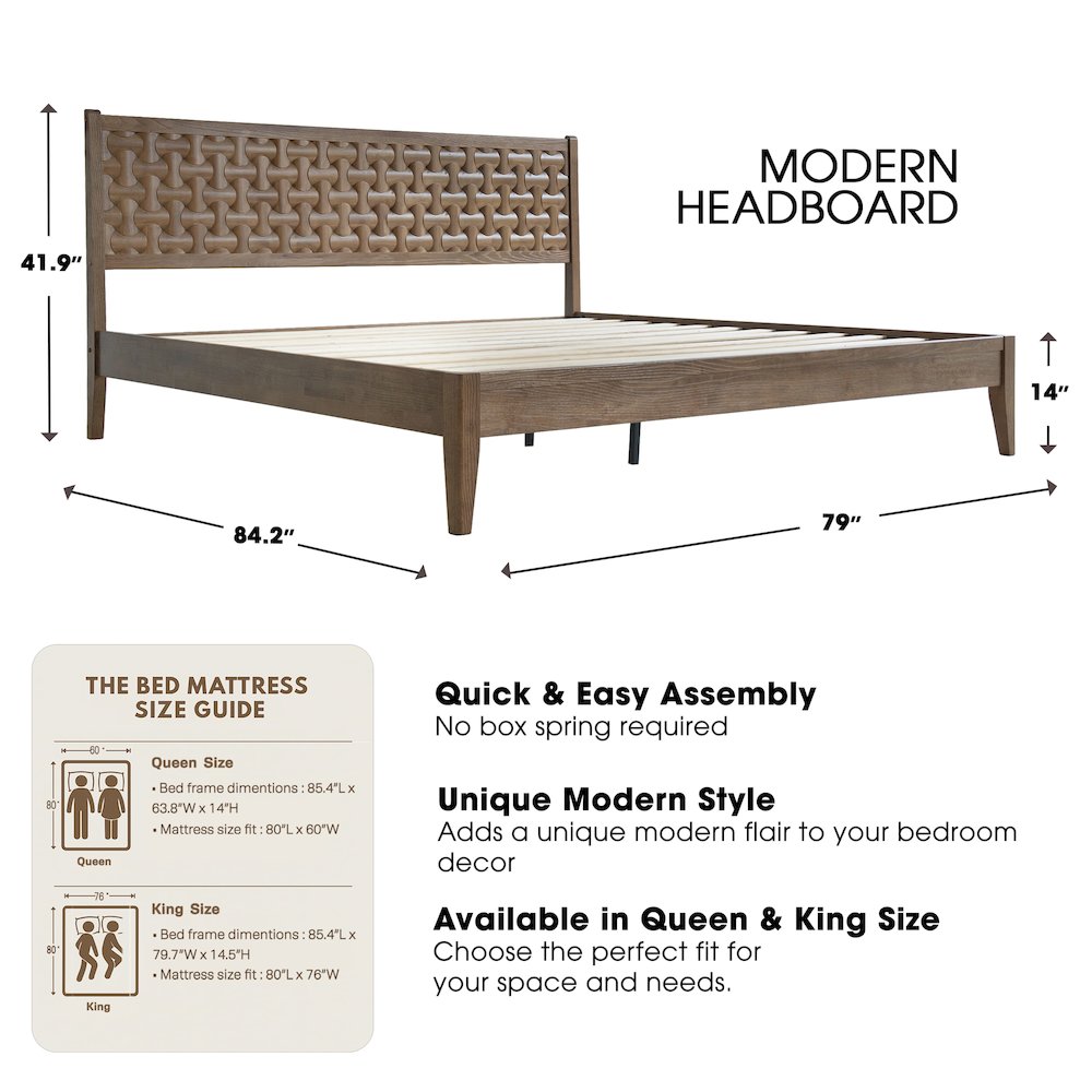 King Wooden Platform Bed Frame, Barnwood Finish, Morden Style