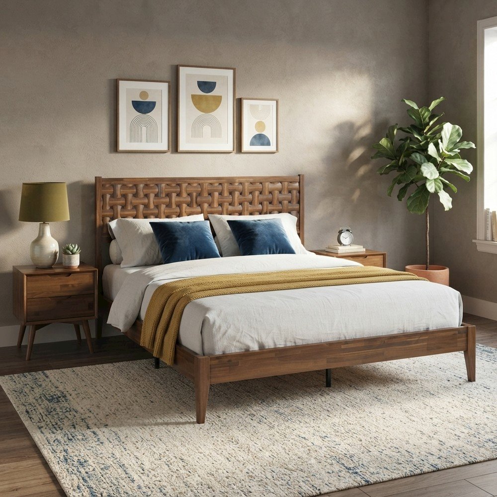 Solid Wood Platform Bed Frame with Headboard and Footboard, Walnut, Queen