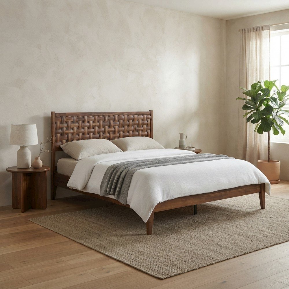 Solid Wood Platform Bed Frame with Headboard and Footboard, Walnut, Queen