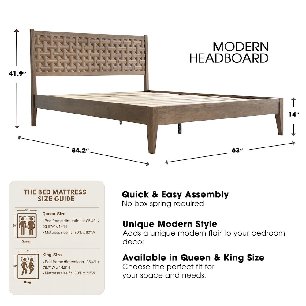 Queen Wooden Platform Bed Frame, Barnwood Finish, Morden Style
