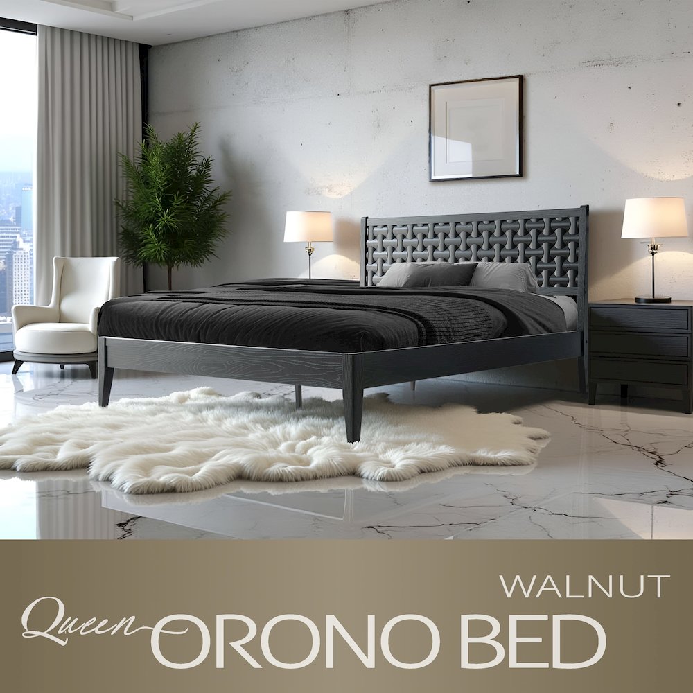 Queen Wooden Platform Bed Frame, Ebony Oak Finish, Morden Style