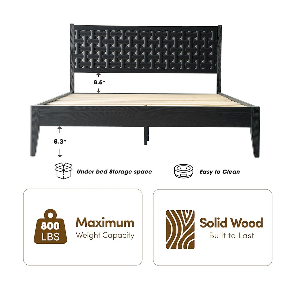 Queen Wooden Platform Bed Frame, Ebony Oak Finish, Morden Style