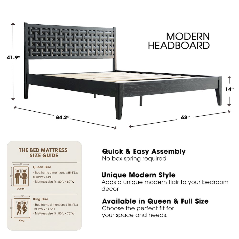 Queen Wooden Platform Bed Frame, Ebony Oak Finish, Morden Style