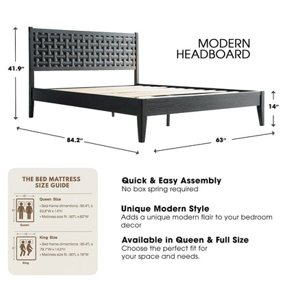 Queen Wooden Platform Bed Frame, Ebony Oak Finish, Morden Style