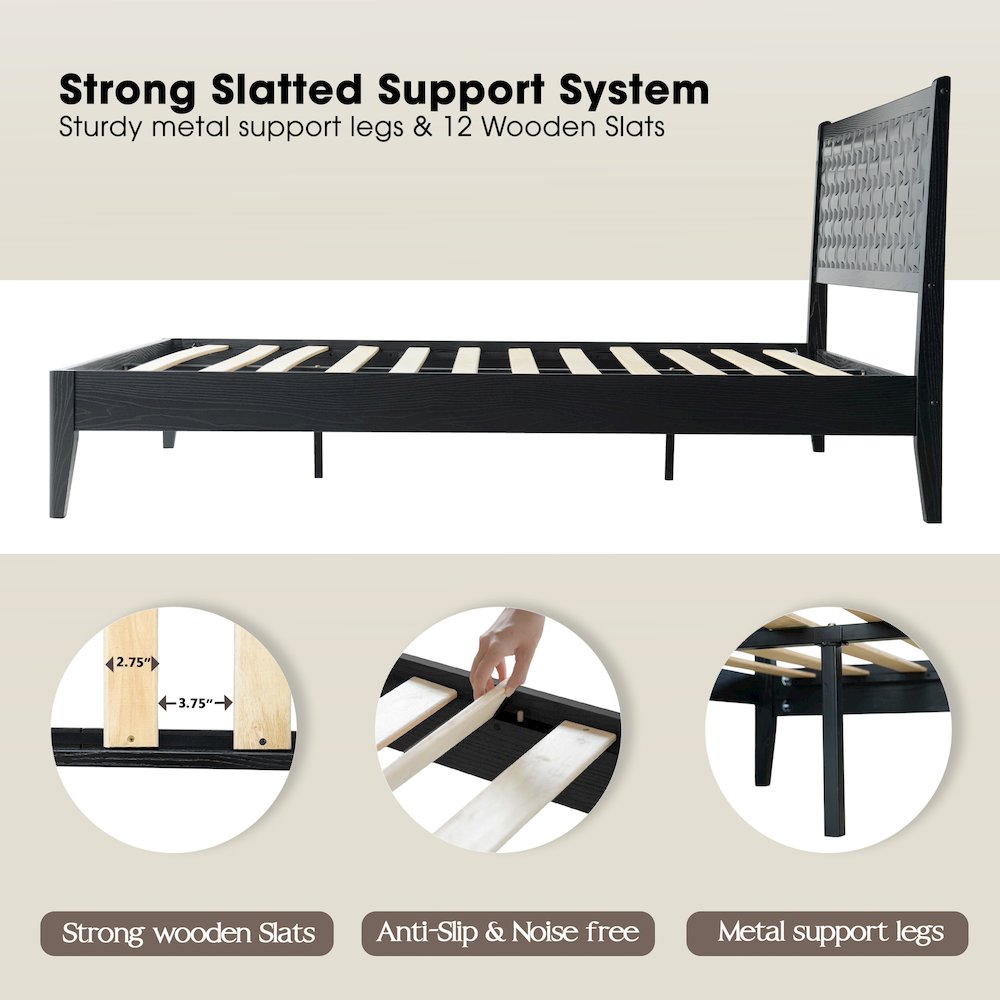 Queen Wooden Platform Bed Frame, Ebony Oak Finish, Morden Style
