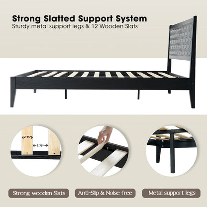 Queen Wooden Platform Bed Frame, Ebony Oak Finish, Morden Style