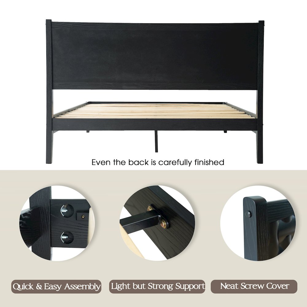 Queen Wooden Platform Bed Frame, Ebony Oak Finish, Morden Style