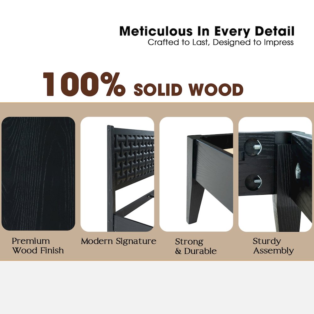 Queen Wooden Platform Bed Frame, Ebony Oak Finish, Morden Style