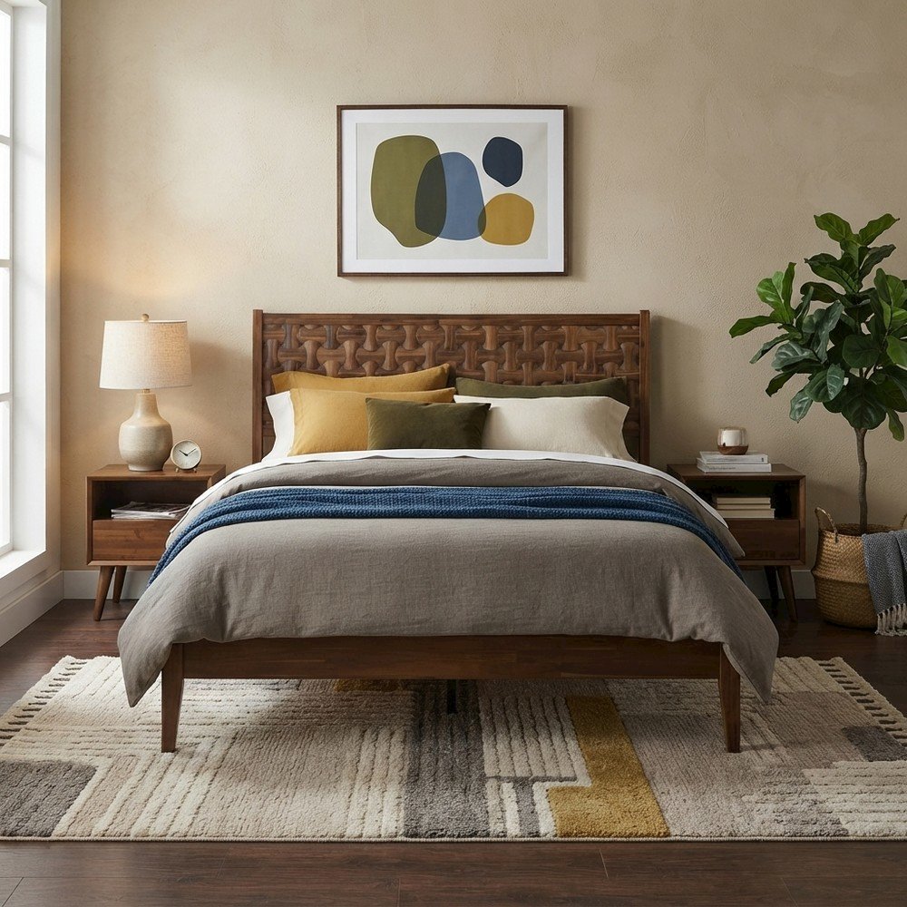 Solid Wood Platform Bed Frame with Headboard and Footboard, Walnut, King
