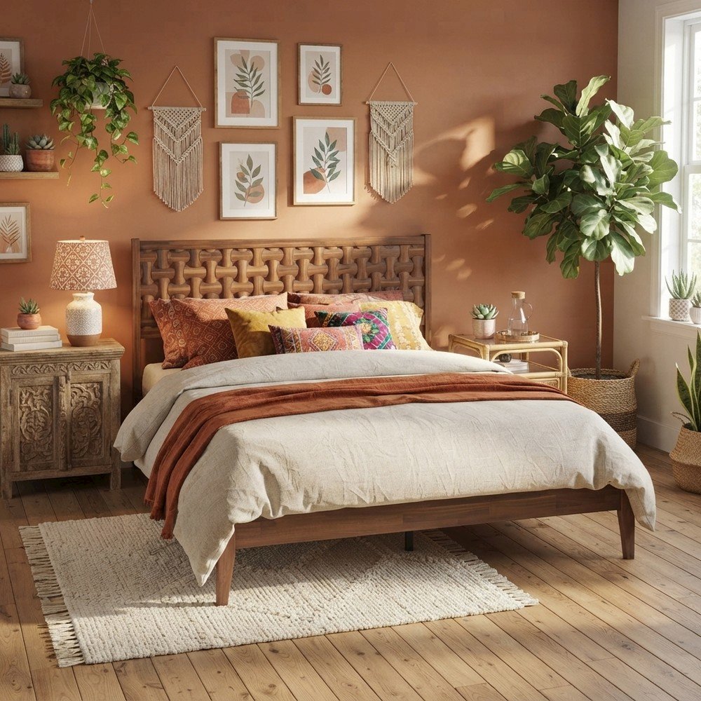 Solid Wood Platform Bed Frame with Headboard and Footboard, Walnut, King