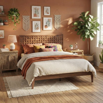 Solid Wood Platform Bed Frame with Headboard and Footboard, Walnut, King