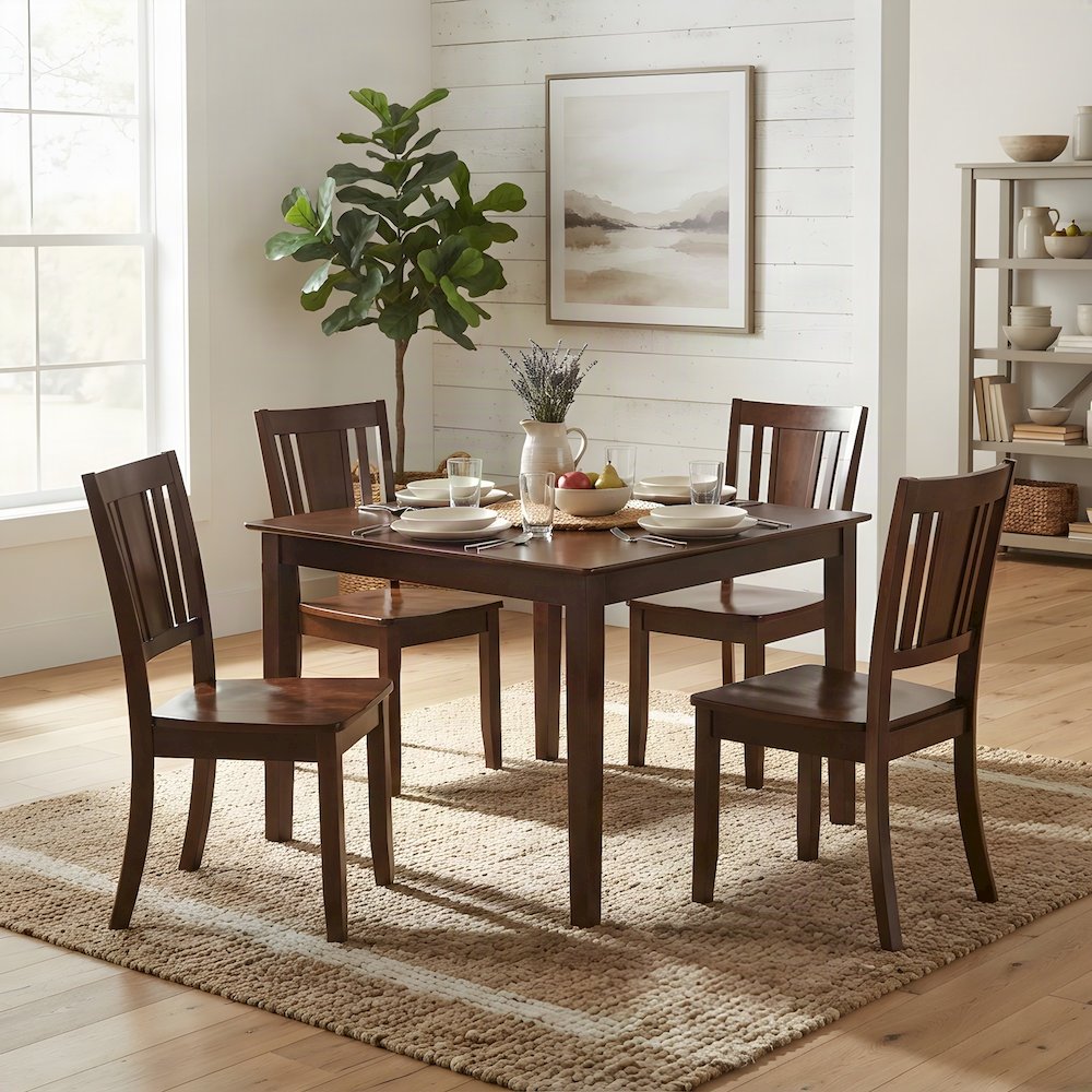 Solid Wood Kitchen Dining Table and Four Chairs 5 Piece Set, Mahogany