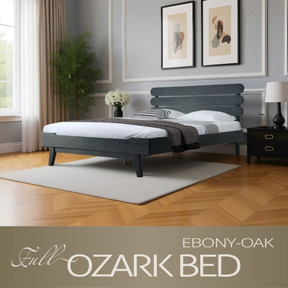 Full Wooden Platform Bed Frame, Ebony Oak Finish, Morden Style
