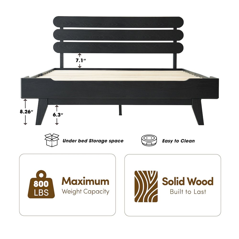 Full Wooden Platform Bed Frame, Ebony Oak Finish, Morden Style
