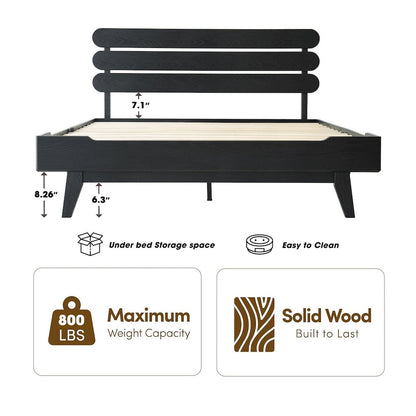 Full Wooden Platform Bed Frame, Ebony Oak Finish, Morden Style
