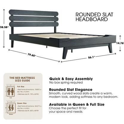 Full Wooden Platform Bed Frame, Ebony Oak Finish, Morden Style