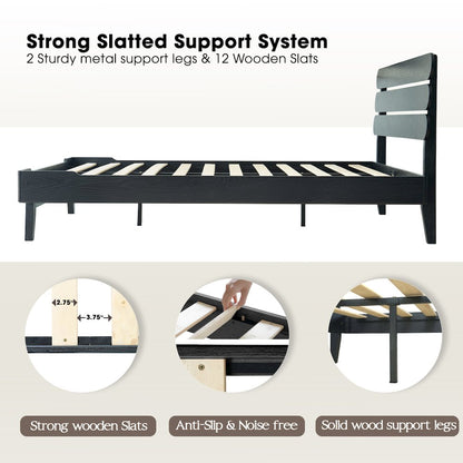 Full Wooden Platform Bed Frame, Ebony Oak Finish, Morden Style