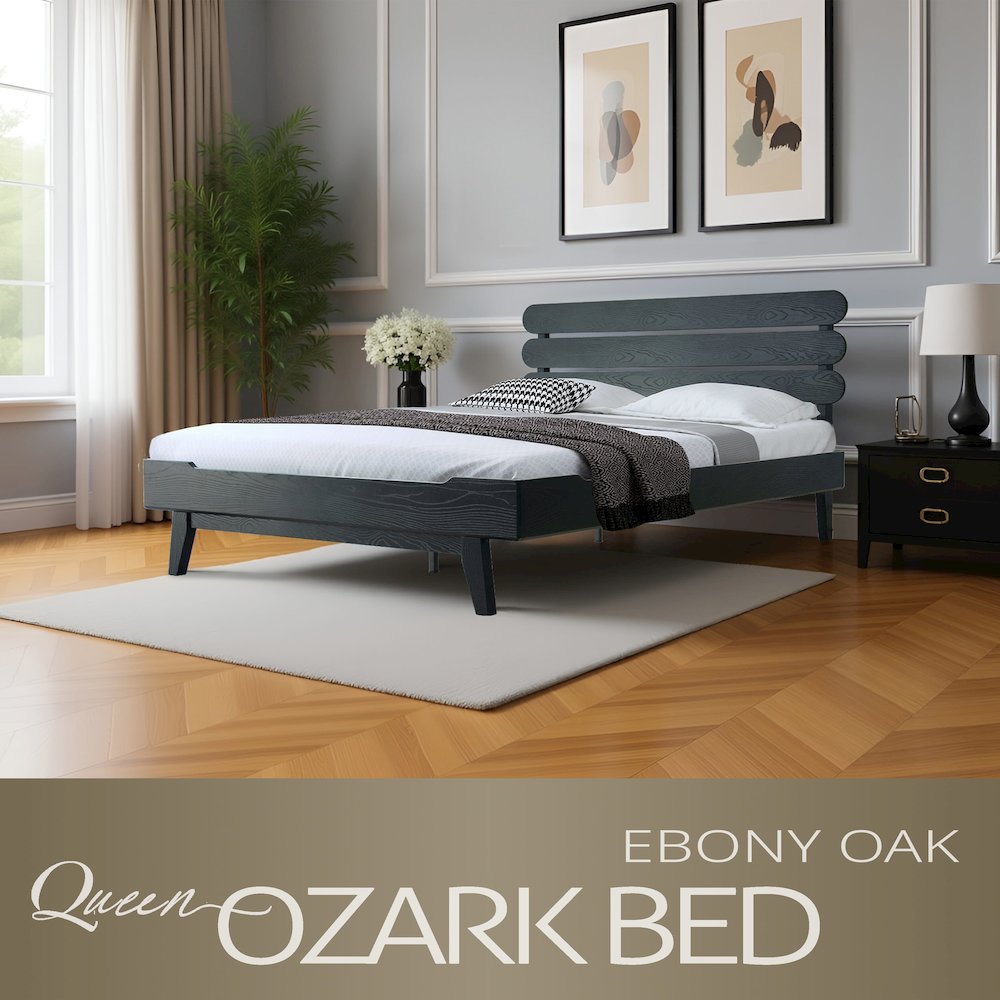 Queen Wooden Platform Bed Frame, Ebony Oak Finish, Morden Style