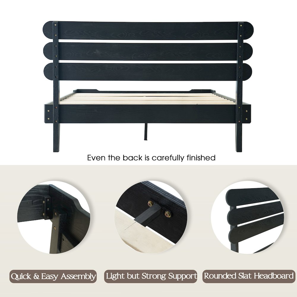Queen Wooden Platform Bed Frame, Ebony Oak Finish, Morden Style