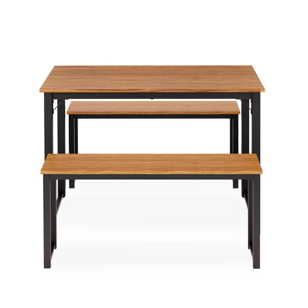 Parmer 3 Pc Kitchen Set - 1 Modern Dining Table and 2 Mid Century Benches in Powder Coating Black Color and Brown Wood Laminate